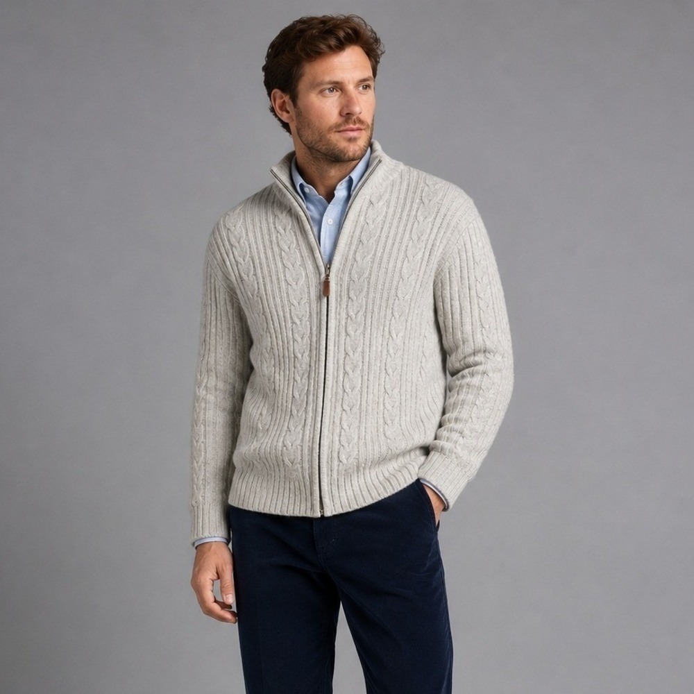 Tasso Elba Mens Gray Lambswool Blend Cable Knit Full Zip Cardigan Sweater M